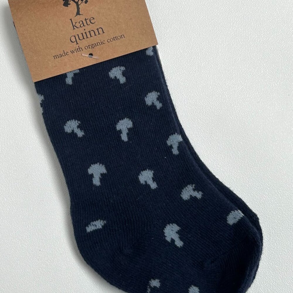 NWT Kate Quinn Baby Knee High Socks 0-6M Navy Mushroom Organic Cotton